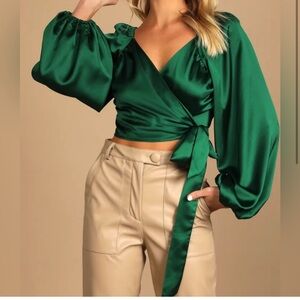 Lulus wrap crop top in satin in emerald green